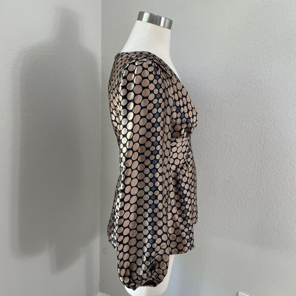 Nanette Lepore Blouse Womens 2 Black Beige Polka Dot Silk Balloon Sleeve Top USA - Picture 4 of 13